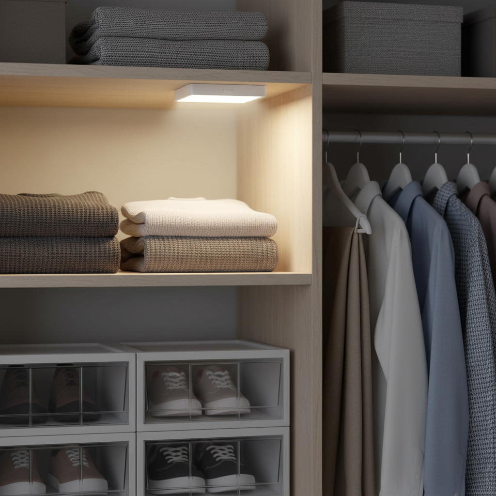 Motion Sensor LED Closet Light mounted inside a closet, illuminating organized clothes and shelves